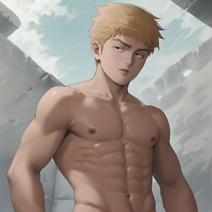 (human:1.2), highres, masterpiece, high quality, (high resolution:1.5), 1guy, solo, BREAK (Reigenarataka, asian, japanese, black eyes, blond hair, pectoral focus, solo, muscular, BREAK upper body, standing, ((pectorals focus, from below)), BREAK (topless, complete nude, bare chest, bare neck, bare shoulders, bare belly:1.5), masculine, manly, nipples, male pectorals, bare pectorals, big pectorals, (perfect pectorals, perfect nipples), (perfect face, perfect eyes:1.4),