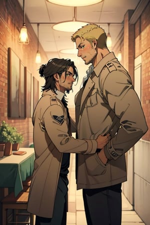 couple, ((2people)), first man giver(Eren Jaeger, ,erenad, black hair, long hair, long straight hair, hair down, stubble, grey-green eyes:1.3), second mature man receiver(reiner braun, blond hair, short hair, stubble, hazel eyes:1.3), (uniform, pure white collared shirt, open brown trench coat:1.2), (different hair style, different hair color, different face, same height:1.4), makeout, eye contact, gay, homo, slight shy, charming, alluring, seductive, highly detailed face, detailed eyes, perfect light, 1930s military red brick basement, spacious room, chairs, retro, oil lamp light outside frame, (best quality), (8k), (masterpiece), best quality, 1 image, manly, perfect anatomy, perfect proportions, perfect perspective 