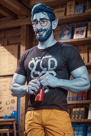 (1 image only), solo male, Wilden Lightfoot, Pixar Animation Onward, blue skin, dark blue hair, short hair, brown eyes, thick eyebrows, pointy ears, facial hair, beard, black-framed-glasses, (red t-shirt), khaki shorts, mature, bara, dilf, handsome, charming, alluring, smile, standing, upper body, perfect anatomy, perfect proportions, (best quality, masterpiece), (perfect eyes, perfect eye pupil), perfect hands, high_resolution, dutch angle, cowboy shot