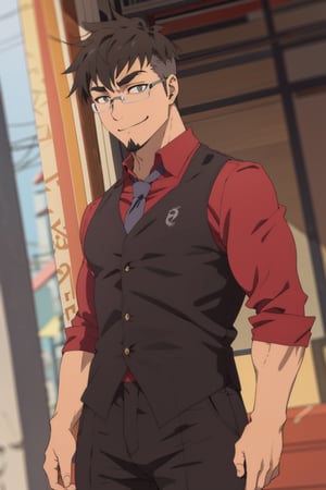 (1 image only), solo male, Jay Chiang, Great Pretender Razbliuto, Asian, Taiwanese, modern Taipei city, 2d, anime, flat, black hair, short hair, high fade, goatee, thick eyebrows, brown eyes, silver glasses, (pure red collared shirt, red sleeves rolled up:1.2), silver necktie, black vest,pants, socks, leather shoes, smile, mature, handsome, charming, alluring, standing, upper body, perfect anatomy, perfect proportions, (best quality, masterpiece), (perfect eyes:1.2), perfect hands, high_resolution, dutch angle, cowboy shot