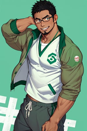 (1 image only), solo male, bara, Kyoichi Ootomo, Live A Hero, Asain, Japanese, athlete, PE teacher, short hair, black hair, green streaked hair, sideburns, black eyes, facial hair, goatee, (wore glasses), tan skin, white bandaid on nose, white t-shirt, ((pure green athletic jacket, open jacket)), grey shorts, sneakers, grin, mature, handsome, charming, alluring, standing, upper body, perfect anatomy, perfect proportions, (best quality, masterpiece), (perfect eyes, perfect eye pupil), perfect hands, high_resolution, dutch angle, school sports ground,(1man),best quality