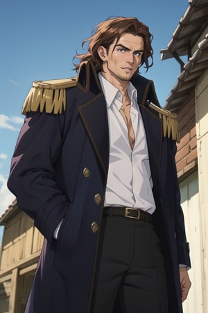 solo male, Graf Granat \(Frieren: Beyond Journey's End\), brown hair, hair parted to one side, facial hair, stubble, blue eyes, sanpaku, white collared shirt, black pants, matching boots. dark blue coat, open coat, coat over shoulders, gold epaulettes, mature, handsome, charming, alluring, standing, upper body, perfect anatomy, perfect proportions, best quality, masterpiece, high_resolution, dutch angle, cowboy shot, photo background, palace
