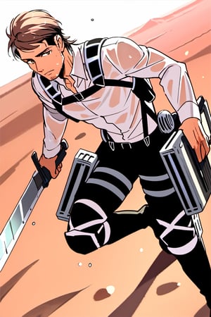 score_9, score_8_up, score_7_up, solo male, , Jean Kirstein, brown hair, light-brown eyes, thin eyebrows, facial hair, stubble, white collared shirt, wet shirt, long sleeves, black pants, three-dimensional maneuver gear, black combat boots, handsome, charming, alluring, full body, perfect anatomy, perfect proportions, best quality, masterpiece, high_resolution, dutch angle, cowboy shot, red rock desert background