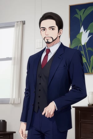 solo male, Maeda, Asobi Asobase, butler, black hair, short hair, black eyes, facial hair, dark blue 3 Piece Suit, formal, white collared shirt, red necktie, dark blue vest, dark blue jacket, dark blue pants, mature, handsome, charming, alluring, calm, polite, upper body,  perfect anatomy, perfect proportions, best quality, masterpiece, high_resolution, (front view)