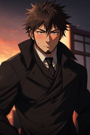 solo male, Genma Shizume, Asian, Japanese, black hair, chinstrap beard, sideburns, black eyes, calm eyes, slitty eyes, intense gaze, blush, shy, (dress in layers), 3 Piece Suit, white collared shirt, black necktie, black suit jacket, , (light brown trench coat, open trench coat:1.2), black pants, black gloves, mature, masculine, handsome, charming, allurin, smile, upper body, perfect anatomy, perfect proportions, (best quality, masterpiece, high_resolution:1.3), (perfect eyes, perfecteyes:1.3)