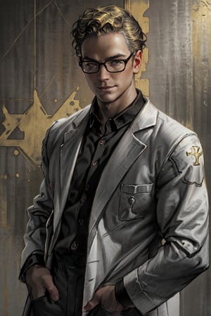 (1 image only), solo male, Arcade Gannon, green eyes, blond hair, short hair, bare forehead, (black glasses1.2), (pure light-grey collared shirt:1.2, open white lab coat:1.2), (tucked-in shirts), mature, manly, hunk, masculine, virile, confidence, charming, alluring, slight smile, standing, upper body in frame, (1920s artdeco style luxury black and gold pattern background:1.2), perfect anatomy, perfect proportions, 8k, HQ, (best quality:1.5, hyperrealistic:1.5, photorealistic:1.4, madly detailed CG unity 8k wallpaper:1.5, masterpiece:1.3, madly detailed photo:1.2), (hyper-realistic lifelike texture:1.4, realistic eyes:1.2), picture-perfect face, perfect eye pupil, detailed eyes,perfecteyes,art_deco_fusion