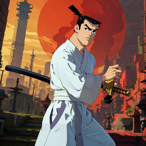 (1 image only), solo male, Samurai Jack, Cartoon Network style, Asian, Japanese, black hair, topknot, black eyes, geta, white kimono, white sashes, wide sleeves, mature, handsome, charming, alluring, uperfect anatomy, perfect proportions, (best quality, masterpiece), perfect hands, high_resolution, dutch angle, cowboy shot, fine art, (2d, flat), (single placket),  fighting_stance, holding sword,battoujutsu