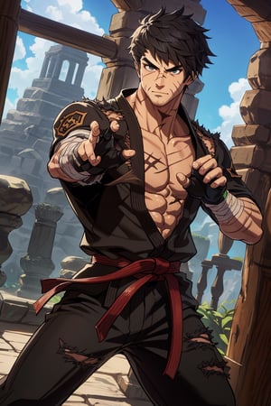 solo male, Grappler, Dungeon Fighter Online, black hair, short hair, brown eyes, thick eyebrows, forked eyebrows, stubble, green eyes, scars on face, scar on cheek, scar on chest, pectorals, pectoral cleavage, rn black dougi, black pants, red martial arts belt, yellow fingerless gloves, barefoot, bandaged hand, toned male, mature, handsome, charming, alluring, serious, fighting stance, upper body, perfect anatomy, perfect proportions, ((perfect eyes, perfect, parfect fingers)), best quality, masterpiece, high_resolution, dutch angle, cowboy shot, photo background, (looking outside)