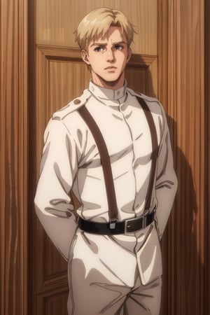 solo male, Colt Grice, blond hair, light hazel eyes, tall, white Marleyan soldier uniform, (standing collar, mandarin collar, light collar:1.2), light pants, (black suspender straps, black belt, supply packs), tall combat boots, young, handsome, charming, alluring, perfect anatomy, perfect proportions, best quality, masterpiece, high_resolution, standing, upper body, dutch angle, cowboy shot, photo background, germany city, day, ((wide avenue, high timber frame townhouse, historical building))