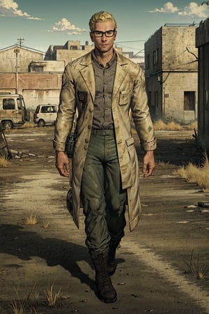 1boy, solo, Arcade Gannon, Fallout: New Vegas, doctor, scientist, 35 yrars old, tall, blonde hair, short hair, green eyes, wore glasses, handsome, grey collared shirt, white lab coat, military green pants, black combat boots, perfect anatomy, perfect proportions, 8k, HD, HQ, (best quality:1.2, masterpiece, madly detailed photo), detailed, perfect face, perfect eye pupil, detailed eyes, high_resolution,perfecteyes, Fallout: New Vegas location, Mojave Wasteland, post-apocalyptic ruins, desolated landscape, dark blue sky