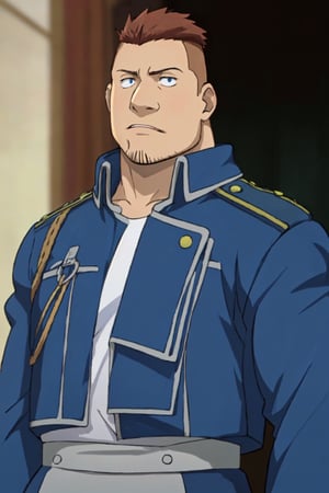 (1 image only), solo male, 1boy, Heymans Breda, Fullmetal Alchemist, anime, 2D, blue eyes, brown hair, short hair, high fade, stubble, handsome, chubby, open pure blue military uniform, confidence, charming, alluring, upper body in frame, perfect anatomy, perfect proportions, 8k, HQ, (best quality:1.2, hyperrealistic:1.2, photorealistic:1.2, masterpiece:1.3, madly detailed photo:1.2), (hyper-realistic lifelike texture:1.2, realistic eyes:1.2), high_resolution, perfect eye pupil, dutch angle,best quality, (long sleeves)
