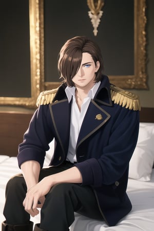 (human:1.2), highres, masterpiece, high quality, (high resolution:1.2), 1guy, solo, (Graf Granatbrown hair, brown hair, hair parted to one side, facial hair, stubble, blue eyes, sanpaku, hair over one eye), white collared shirt, exposed shirt, black pants, matching boots. dark blue coat, open coat, (coat over shoulders), gold epaulettes, muscular, sitting on bed, legs up, spread eagle position, lying back, body, (day, palace), looking at viewer, innocent face, depth of field, bokeh, detailed, highly detailed, sharp focus, intricate, smooth, elegant, fantasy, cinematic lighting, cinematic, masterpiece, matte, photorealistic, 4k, beautiful, volumetric lighting, dramatic, Gayspreadeagle, perfect fingers