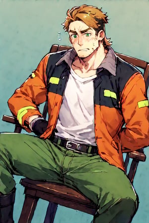 score_9, score_8_up, score_7_up, (solo man), Gagumber, brown hair, two-tone hair, sideburns, facial hair, stubble, green eyes, thick eyebrows, upper body, white tank top, orange high-visibility bomber jacket, open jacket, black gloves, green work pants, black boots, masculine, handsome, charming, alluring, lustful, perfecteyes, perfect anatomy, perfect proportions, blush, sweatdrop, awkward, embarassed, sitting, hands tied to chair, arms behind back, spread legs, upper body, best quality, masterpiece, high_resolution, dutch angle, cowboy shot, dark background
