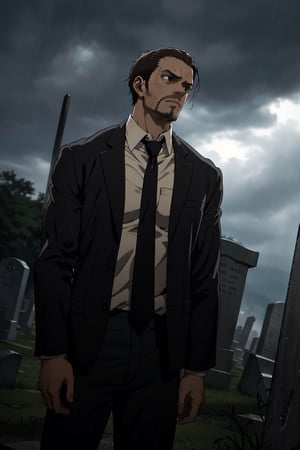 solo male, Artur Braus, Attack on Titan Anime style, hunter, shaggy brown hair, hair slicked back, brown eyes, sideburns, stubble, white collared shirt, black necktie, black jacket, long sleeves, black pants, middle-age, mature, handsome, charming, alluring, standing, upper body, perfect anatomy, perfect proportions, best quality, masterpiece, high_resolution, dutch angle, cowboy shot, photo background, graveyard, rainy, cloudy, sad, haggard
