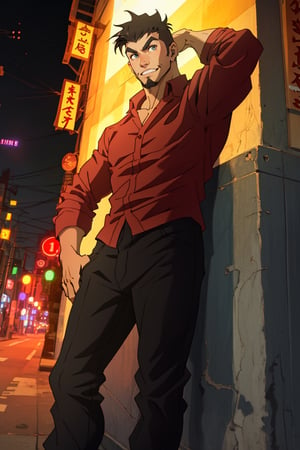 (1 image only), solo male, Jay Chiang, Great Pretender Razbliuto, Asian, Taiwanese, modern Taipei city, night cityscape, Taipei 101, 2d, anime, flat, black hair, short hair, high fade, goatee, thick eyebrows, (brown eyes), (pure red collared shirt, red sleeves rolled up:1.2) black pants, socks, leather shoes, smile, 1 hand behind head, mature, handsome, charming, alluring, standing, upper body, perfect anatomy, perfect proportions, (best quality, masterpiece), (perfect eyes:1.2), perfect hands, high_resolution, dutch angle, cowboy shot, 
