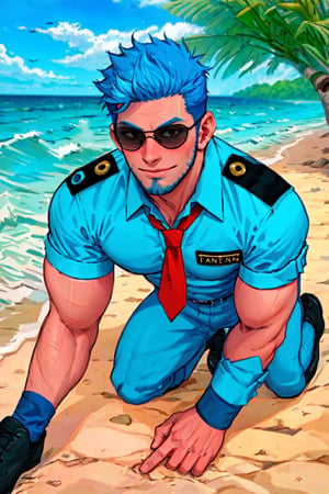 (1 image only), solo male, Wilbur, Animal Crossing, personification, blue hair, short hair, blue facial hair, jawline stubble, black eyes, (aviator sunglasses), aviation pilot uniform, white collor shirt, red necktie, epaulette, blue pants, socks, black footwear, mature, bara, handsome, charming, alluring, smile, shy, blush, large pectorals, (on all four, all fours pose, pov, upperbody:1.2), looking at viewer, perfect anatomy, perfect proportions, (best quality, masterpiece), (perfect eyes, perfect eye pupil), perfect hands, high_resolution, seaside, summer
,all fours,collar
