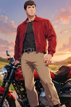 score_9,score_8_up,score_7_up, solo male, Ryuji Satake \(Brave Bang Bravern\), black hair, black eyes, black t-shirt, (red jacket, open jacket, long sleeves), belt, brown pants, dark boots, adult, mature, masculine, slim, tone body, handsome, charming, alluring, standing, upper body, perfect anatomy, perfect proportions, best quality, masterpiece, high_resolution, dutch angle, cowboy shot, motorcycle, sunset, sky, simple background