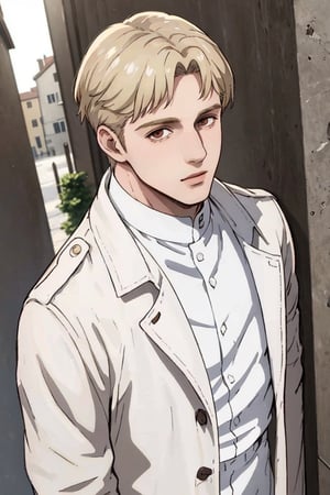 solo male, Colt Grice, blond hair, light hazel eyes, tall, Marleyan soldier uniform, (white collar shirt, light trench coat, open coat, light pants), tall combat boots, young, handsome, charming, alluring, standing, (portrait, headshot, close-up:1.3), perfect anatomy, perfect proportions, best quality, masterpiece, high_resolution, dutch angle, photo background, medieval italian city wide avenue, day, high building, multiple floor townhouse,masterpiece,1boy
