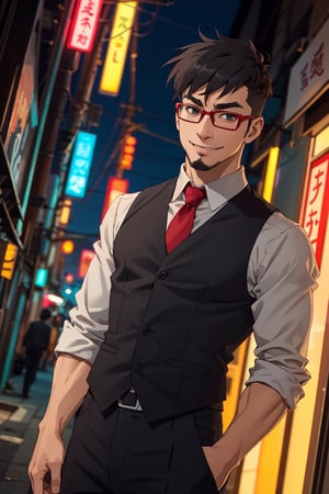 (1 image only), solo male, Jay Chiang, Great Pretender Razbliuto, Asian, Taiwanese, Taipei city, night alley, 2d, anime, flat, black hair, short hair, high fade, goatee, thick eyebrows, brown eyes, glasses, (red collared shirt:1.2), (grey necktie, black vest), red sleeves, sleeves rolled up, black pants, black shoes, smile, mature, handsome, charming, alluring, standing, upper body, perfect anatomy, perfect proportions, (best quality, masterpiece), (perfect eyes:1.2), perfect hands, high_resolution, dutch angle, cowboy shot