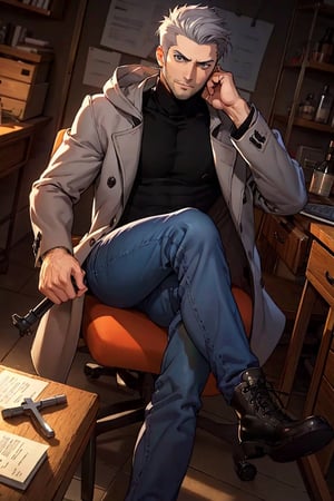 (1 image only), solo male, Munehisa Iwai,  Persona, Asian, Japanese, Weapons Dealer, grey hair, short hair, stubble, grey eyes, sideburns, black turtleneck sweater, long gray coat, open coat, coat hood down, simple blue jeans, black leather boots, mature, masculine, handsome, charming, alluring, lying on chair, (foot on desk, cross legs), pov, perfect anatomy, perfect proportions, (best quality, masterpiece), (perfect eyes), high_resolution, dutch angle, [cowboy shot], weapon workshop