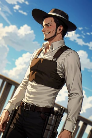 solo male, Kenny Ackerman, Attack on Titan Anime style, brown hair, hair slicked back, grey eyes, sideburns, thin beard along jawline, white collared shirt, long sleeves, simple black vest, black pants, (dark fedora hat), vertical maneuvering equipment, armor, holster, athletic build, middle-age, mature, handsome, charming, alluring, grin, standing, upper body, perfect anatomy, perfect proportions, best quality, masterpiece, high_resolution, dutch angle, cowboy shot, photo background