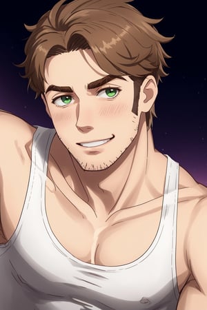 (1 image only), solo male, Gagumber, Sakugan, physical laborer worker, brown hair, two-tone hair, stubble, green eyes, thick eyebrows, ((white tank top)) , bare shoulder, bare neck, green work pants, black boots, black gloves, mature, handsome, charming, alluring, smile, blush, standing, ((portrait, close-up)), perfect anatomy, perfect proportions, high_resolution, detailed background, steampunk city