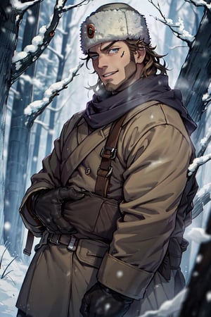 (human), (1 image only), solo male, Vasily Pavlichenko, Golden Kamuy, Russian, sniper, brown hair, blue eyes, sharp eyes, defined eyelashes, furrowed brow, grin, wavy medium-length hair, bold sideburns, short and neat Shenandoah beard, lightly-colored coat, dark gloves, scarf, pants, boots, crossbody bag, handsome, charming, alluring, standing, upper body in frame, perfect anatomy, perfect proportions, 2d, anime, (best quality, masterpiece), (perfect eyes, perfect eye pupil), high_resolution, dutch angle, snowy forest, better_hands, tall wool cap, papakha, ushanka