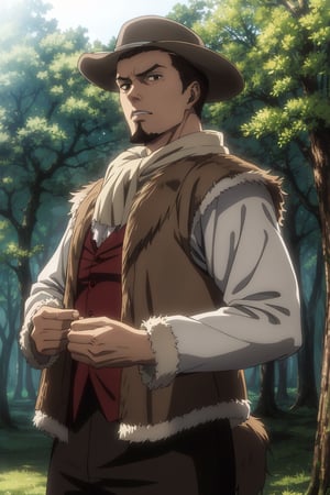 solo male, Artur Braus, Attack on Titan Anime style, hunter, shaggy brown hair, hair slicked back, brown eyes, sideburns, thin beard, thin goatee, white shirt, (single vest), (brown fur trim vest, close vest:1.4), long sleeves, (loose red cravat:1.4), black pants, hat, middle-age, mature, handsome, charming, alluring, standing, upper body, perfect anatomy, perfect proportions, best quality, masterpiece, high_resolution, dutch angle, cowboy shot, photo background, forest
