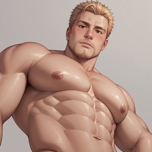score_9, score_8_up, score_7_up, mns-pose, 1boy, solo, male focus, (Reiner Braun, blond hair, short hair, stubble, facial hair, hazel eyes), masculine, topless, nude, sweaty, wet, shiny skin, looking at viewer, horny, blush, looking down, from below, upper body, close-up, nipples, nipple slip, (large pectorals, pectoral focus), sidepec, nude, muscular, muscular male, bara, simple background, (perfect eyes:1.1)