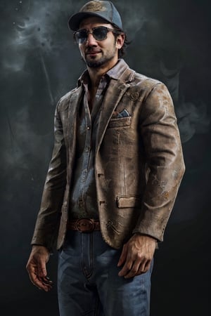 1boy, solo, Ace Visconti, Dead By Dayligh, Argentinian of Italian descent, gambler, grey-streaked hair, facial hair, sunglasses, (cap), damask print shirt, classic jacket, jeans, mature, manly, masculine, handsome, charming, alluring, dashing, smirk, (standing), (upper body in frame), dark background, fog, dark atmosphere, perfect light, perfect anatomy, perfect proportions, perfect perspective, 8k, HQ, (best quality:1.5, hyperrealistic:1.5, photorealistic:1.4, madly detailed CG unity 8k wallpaper:1.5, masterpiece:1.3, madly detailed photo:1.2), (hyper-realistic lifelike texture:1.4, realistic eyes:1.2), picture-perfect face, perfect eye pupil, detailed eyes, realistic, HD, UHD, portrait, looking outside frame, side view