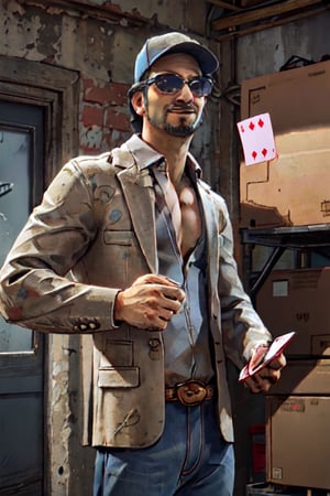 1boy, solo, Ace Visconti, Dead By Dayligh, Argentinian of Italian descent, gambler, grey-streaked hair, facial hair, sunglasses, (cap), damask print shirt, (open shirt), bare chest, classic jacket, jeans, mature, manly, masculine, handsome, charming, alluring, dashing, smirk, (standing), (upper body in frame), dark background, fog, dark atmosphere, cinematic light, perfect anatomy, perfect proportions, perfect perspective, 8k, HQ, (best quality:1.5, hyperrealistic:1.5, photorealistic:1.4, madly detailed CG unity 8k wallpaper:1.5, masterpiece:1.3, madly detailed photo:1.2), (hyper-realistic lifelike texture:1.4, realistic eyes:1.2), picture-perfect face, perfect eye pupil, detailed eyes, realistic, HD, UHD, portrait, looking outside frame, side view, dynamic, cinematic , floating poker cards,best quality,