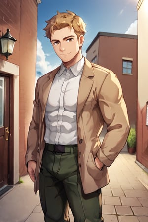 solo male, Reiner Braun, blond hair, short hair, facial hair, stubble, hazel eyes, thin eyebows, (masculine, mature), (pure white collared shirt:1.3), light-brown trench coat, (open coat:1.2), military dark green pants, black combat boots, handsome, charming, alluring, standing, upper body, slight smile, mouth, perfect anatomy, perfect proportions, best quality, masterpiece, high_resolution, dutch angle, cowboy shot, photo background, score_9_up, historical europe ciry, brick walls