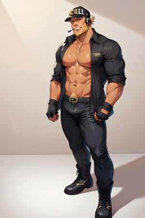 score_9, score_8_up, score_7_up, score_6_up, perfect anatomy, perfect proportions, best quality, masterpiece, high_resolution, high quality, solo male, Killer T Cell \(Cells at Work\), tan skin, blond hair, black eyes, facial hair, beard, scar on face, Killer T Cell uniform \(Cells at Work\), black shirt, open shirt, open clothes, black pants, black cap, Killer T Cell cap \(Cells at Work\), earpiece, fingerless gloves, black boots, adult, mature, masculine, manly, handsome, charming, alluring, standing, upper body, dutch angle, cowboy shot
,Killer T Cell