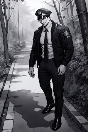 (1 image only), solo male, Agawa Daigo, Gannibal, Asian ,Japanese, black hair, short hair, thin stubble, black eyes, policeman, white collared shirt, dark blue necktie, black jacket, long sleeves, black sleeves, (buttoned up jacket), dark blue pants, black shoes, police peaked cap, (adjusting cap), mature, handsome, charming, alluring, perfect anatomy, perfect proportions,(perfect eyes), perfect hands, rural, pastoral, forest, creep, suspense, horror, manga, greyscale, monochrome, (manga brushwork style, traditional drawing),smirk,boichi manga style