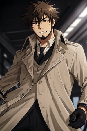 solo male, Genma Shizume, Asian, Japanese, black hair, chinstrap beard, sideburns, black eyes, calm eyes, slitty eyes, intense gaze, (dress in layers), white collared shirt, black necktie, (black suit jacket:1.3), (light brown trench coat, open trench coat:1.3), black pants, black gloves, mature, masculine, handsome, charming, allurin, grin, smile, upper body, perfect anatomy, perfect proportions, (best quality, masterpiece, high_resolution:1.3), perfect eyes, perfecteyes