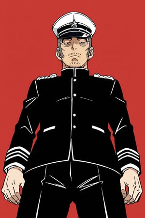 source_anime , anime coloring,  Toshiyuki Kadokura, GKToshiyuki, two-tone hair, black/grey hair, short hair, black eyes, thick eyebrows. bags under eyes, long sideburns, facial hair, stubble, Toshiyuki_outfit01, Abashiri Prison jailer uniform, black tunic jacket, epaulettes, black pants, peaked cap, white peaked cap adorned with single star, simple background, from below, low angle

