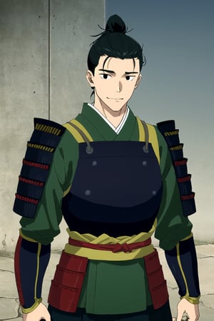 solo male, Shuro \(Delicious in Dungeon\), samurai, black eyes, black hair, ponytail, neat hair, shaved face, energetic, good mood, japanese armor, green Juban \(kimono\), breastplate, kusazuri, shoulder armor, sode, kote, puttee, sandals, handsome, charming, alluring, standing, upper body, perfect anatomy, perfect proportions, best quality, masterpiece, high_resolution, dutch angle, cowboy shot, photo background, 