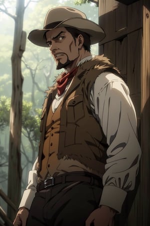 solo male, Artur Braus, Attack on Titan Anime style, hunter, shaggy brown hair, hair slicked back, brown eyes, sideburns, thin beard, thin goatee, white shirt,((brown fur trim vest)), long sleeves, ((loose red cravat)), black pants, hat, middle-age, mature, handsome, charming, alluring, standing, upper body, perfect anatomy, perfect proportions, best quality, masterpiece, high_resolution, dutch angle, cowboy shot, photo background, forest
