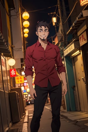 (1 image only), solo male, Jay Chiang, Great Pretender Razbliuto, Asian, Taiwanese, Taipei city, night alley, 2d, anime, flat, black hair, short hair, high fade, goatee, thick eyebrows, brown eyes, silver glasses, (red collared shirt:1.6), (silver necktie, black vest), red sleeves, sleeves rolled up, black pants, black shoes, smile, mature, handsome, charming, alluring, standing, upper body, perfect anatomy, perfect proportions, (best quality, masterpiece), (perfect eyes:1.2), perfect hands, high_resolution, dutch angle, cowboy shot
