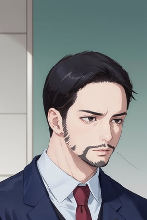 solo male, Maeda, Asobi Asobase, butler, black hair, short hair, black eyes, facial hair, dark blue 3 Piece Suit, formal, white collared shirt, red necktie, dark blue vest, dark blue jacket, dark blue pants, mature, handsome, charming, alluring, calm, polite, portrait, close-up, perfect anatomy, perfect proportions, best quality, masterpiece, high_resolution simple background, classroom, (pathetic face, meme)
,1guy