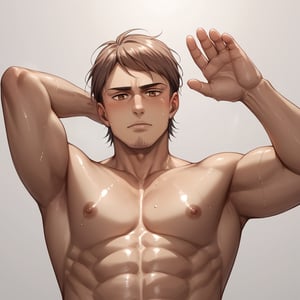 score_9, score_8_up, score_7_up, mns-pose, 1boy, solo, male focus, (Jean Kirstein, brown hair, light-brown eyes, thin eyebrows, facial hair, stubble), masculine, topless, nude, sweaty, wet, shiny skin, looking at viewer, horny, blush, looking down, from below, upper body, close-up, nipples, nipple slip, large pectorals, pectoral focus, sidepec, nude, muscular, muscular male, bara, simple background, (perfect eyes:1.1), ((from below)), source_