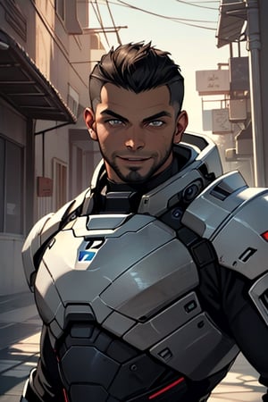 James Vega, solo, short hair, black hair, brown eyes, tan skin, facial hair, 1boy, fit body, handsome, charming, alluring, smile, intense gaze, standing, (upper body in frame), Mass Effect location, cinematic light, perfect anatomy, perfect proportions, perfect perspective, 8k, HQ, HD, UHD, (best quality:1.2, hyperrealistic:1.2, photorealistic:1.2, madly detailed CG unity 8k wallpaper:1.2, masterpiece:1.2, madly detailed photo:1.2), (hyper-realistic lifelike texture:1.2, realistic eyes:1.2), picture-perfect face, perfect eye pupil, detailed eyes, front view