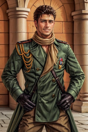 (1 image only), (solo male), 1boy, Sadik Adnan, Turkey, Hetalia: Axis Powers, Turkish male, olive-skinned, facial hair, chinstrap stubble, sideburns, brown hair, short hair, (bare forehead), grin, (tan color scarf), long green military trench coat, brown pants, knee-high boots, black gloves, handsome, mature, charming, alluring, (portrait), upper body, perfect anatomy, perfect proportions, 8k, HQ, (best quality:1.2, hyperrealistic:1.2, photorealistic:1.2, masterpiece:1.3, madly detailed photo:1.2), (hyper-realistic lifelike texture:1.2, realistic eyes:1.2), high_resolution, perfect eye pupil, (standing), perfecteyes, Hagia sophia, Istanbul loction, Islamic building, better_hands, perfecteyes