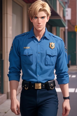 score_9,score_8_up,score_7_up, solo male, Lewis Smith, (blond hair), short hair, blue eyes, (American police uniform, black collared shirt, black pants), (upperbody), cowby shot, dutch angel, mature, handsome, charming, alluring, masculine, look at viewer, perfect anatomy, perfect proportions, best quality, masterpiece, high_resolution, photo background, cinematic still, gorgeous, outdoor