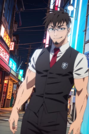 (1 image only), solo male, Jay Chiang, Great Pretender Razbliuto, Asian, Taiwanese, Taipei city, night alley, 2d, anime, flat, black hair, short hair, high fade, goatee, thick eyebrows, brown eyes, silver glasses, (red collared shirt:1.5), (silver necktie, black vest), red sleeves, sleeves rolled up, black pants, black shoes, smile, mature, handsome, charming, alluring, standing, upper body, perfect anatomy, perfect proportions, (best quality, masterpiece), (perfect eyes:1.2), perfect hands, high_resolution, dutch angle, cowboy shot