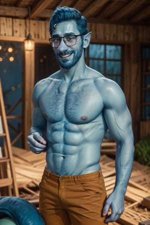 (1 image only), solo male, Wilden Lightfoot, Pixar Animation Onward, (blue skin:1.2), dark blue hair, short hair, brown eyes, thick eyebrows, pointy ears, facial hair, beard, black-framed-glasses, (topless, shirtless:1.2), khaki pants, mature, bara, dilf, handsome, charming, alluring, smile, standing, upper body, perfect anatomy, perfect proportions, (best quality, masterpiece), (perfect eyes, perfect eye pupil), perfect hands, high_resolution, dutch angle, cowboy shot, green field