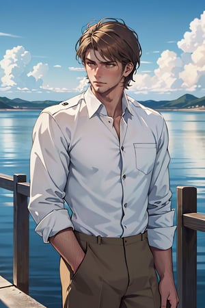 jean_kirstein(brown hair, short hair, stubble, bare forehead:1.2), (light brown eyes:1.4), fit body, (wearing pure white collared shirt, button up shirt:1.3), military green pants, black combat boots:1.2), roll up sleeve, manly, bulky, charming, alluring, dejected, depressed, sad, (standing), (upper body in frame), simple background(1910s harbor, endless ocean, midday, cumulus clouds), backlight, blue sky, perfect light, only 1 image, perfect anatomy, perfect proportions, perfect perspective, 8k, HQ, (best quality:1.5, hyperrealistic:1.5, photorealistic:1.4, madly detailed CG unity 8k wallpaper:1.5, masterpiece:1.3, madly detailed photo:1.2), (hyper-realistic lifelike texture:1.4, realistic eyes:1.2), picture-perfect face, detailed eyes, perfect eye pupil, realistic, HD, UHD, front view
