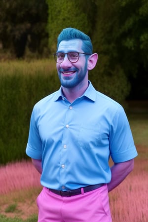 (1 image only), solo male, Wilden Lightfoot, Pixar Animation Onward, (blue skin), dark blue hair, short hair, brown eyes, thick eyebrows, pointy ears, facial hair, beard, black-framed-glasses, (white collared shirt:1.2), khaki pants, mature, bara, dilf, handsome, charming, alluring, smile, standing, upper body, perfect anatomy, perfect proportions, (best quality, masterpiece), (perfect eyes, perfect eye pupil), perfect hands, high_resolution, dutch angle, cowboy shot, green field