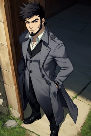 (1 image only), solo male, Genma Shizume, Asian, Japanese, black hair, spiked hair, chinstrap beard, sideburns, black eyes, (white collared shirt, black neckti, black jacket), ((brown overcoat, open overcoat)), black pants, black gloves, mature, handsome, charming, allurin, smile, standing, upper body, perfect anatomy, perfect proportions, (best quality, masterpiece, high_resolution:1.3), perfect eyes, dutch angle, cowboy shot  ,best quality