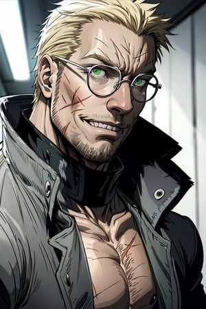 solo male, Alexander Anderson, Hellsing, Catholic priest, short silver-blond hair, green eyes, tanned skin, defined squared jaw, light facial hair, wedge-shaped scar on left cheek, round glasses, (topless. bare chest, bare neck, bare belly), (grey coat, open coat:1.2), mature, middle-aged, imposing, tall, handsome, charming, alluring, slight smile, calm, kindly, affableㄝ(portrait, close-up, face focus), face only, perfect anatomy, perfect proportions, best quality, masterpiece, high_resolution, dutch angle, photo background, Vatican City, indoor